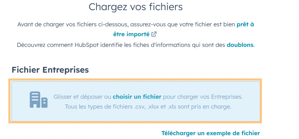 Zone de téléversement d’un fichier CSV dans HubSpot