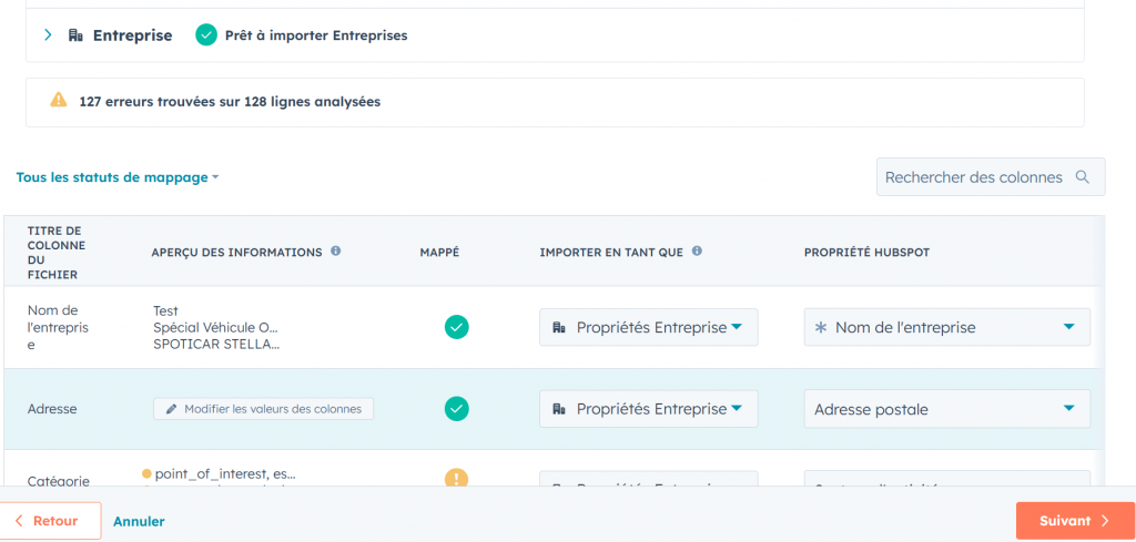 Configuration du mapping des champs lors de l’import CSV dans HubSpot