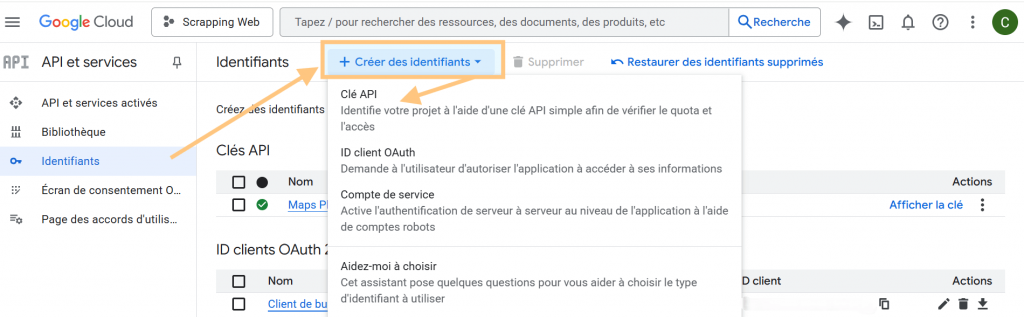 Création d’une clé API dans Google Cloud Console