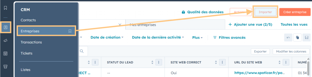 Navigation dans HubSpot pour importer un fichier CSV dans les entreprises.