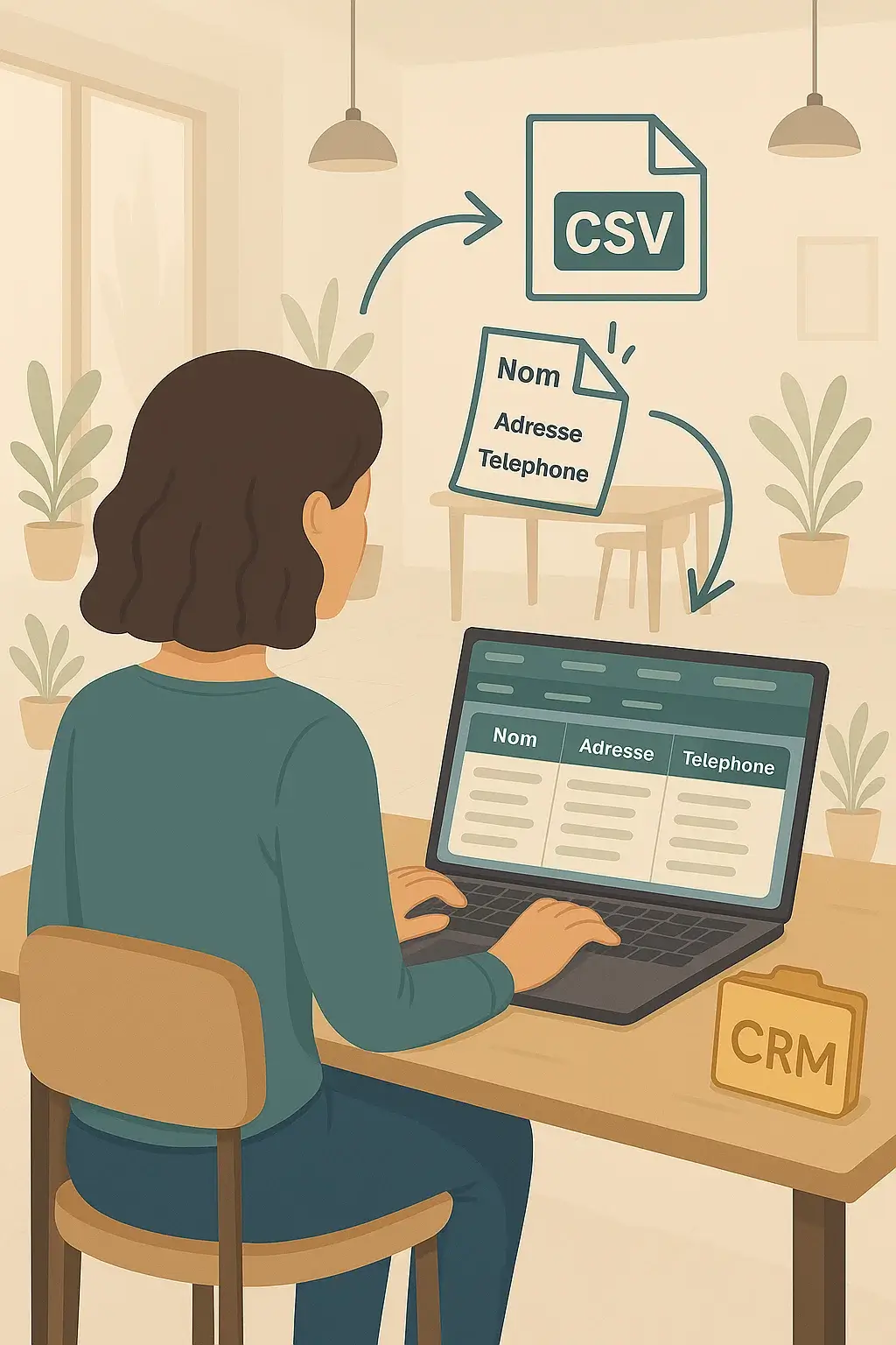 Illustration d’un utilisateur exportant des données de contacts vers un fichier CSV avant leur importation dans un CRM.