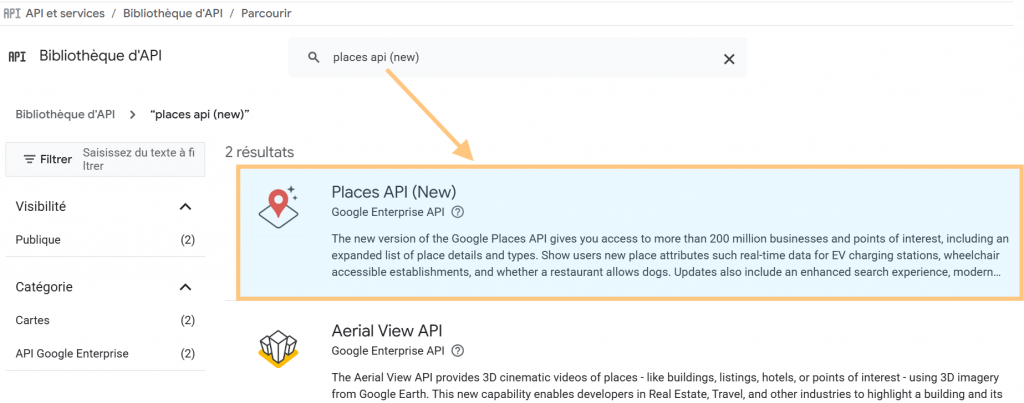 Recherche de l’API Google Places dans la bibliothèque Google Cloud