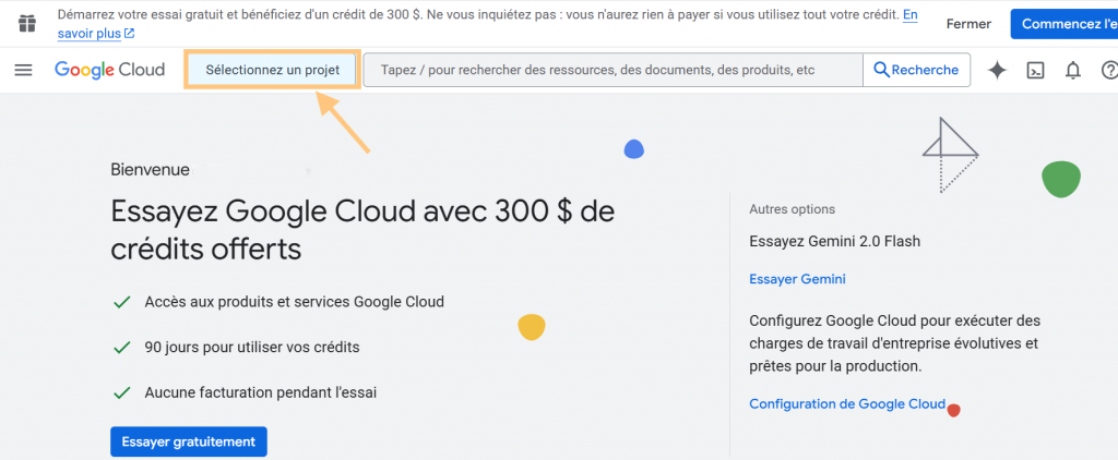 Sélection d’un projet dans Google Cloud Console